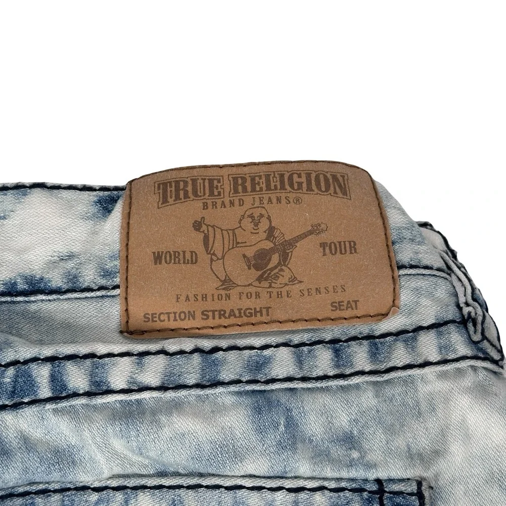 True Religion Straight Flap Acid Wash Jeans Blue White Mens‎ 44 Contrast Stitch